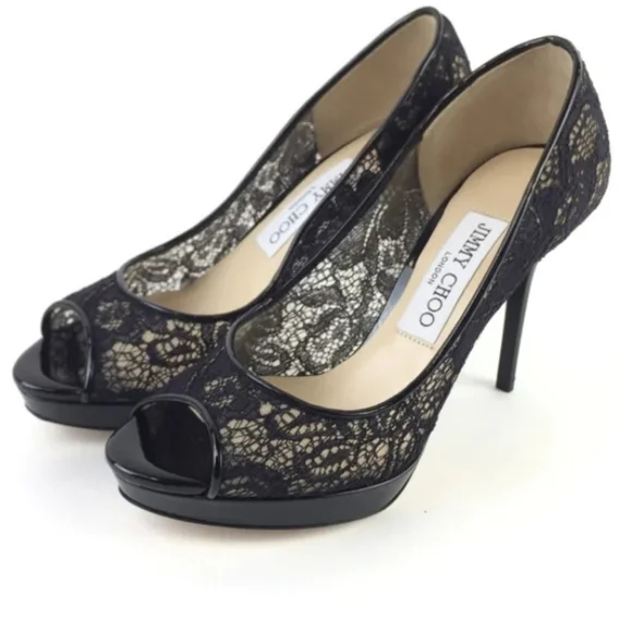Jimmy Choo Black Luna Peep Toe Lace Pumps, Size 37 /US Authentic - Main Image